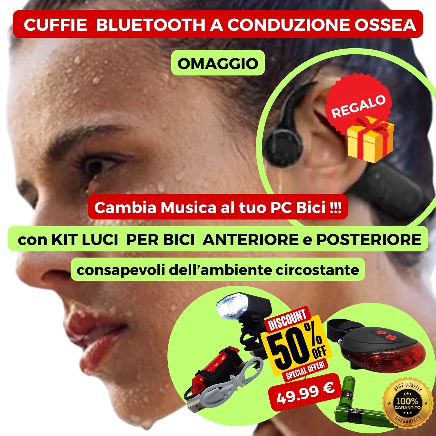 OFFERTA GRATIS Cuffie Wireless Bluetooth a Conduzione Ossea con KIT LUCI per Bici e Monopattino : Luce Posteriore+Anteriore.